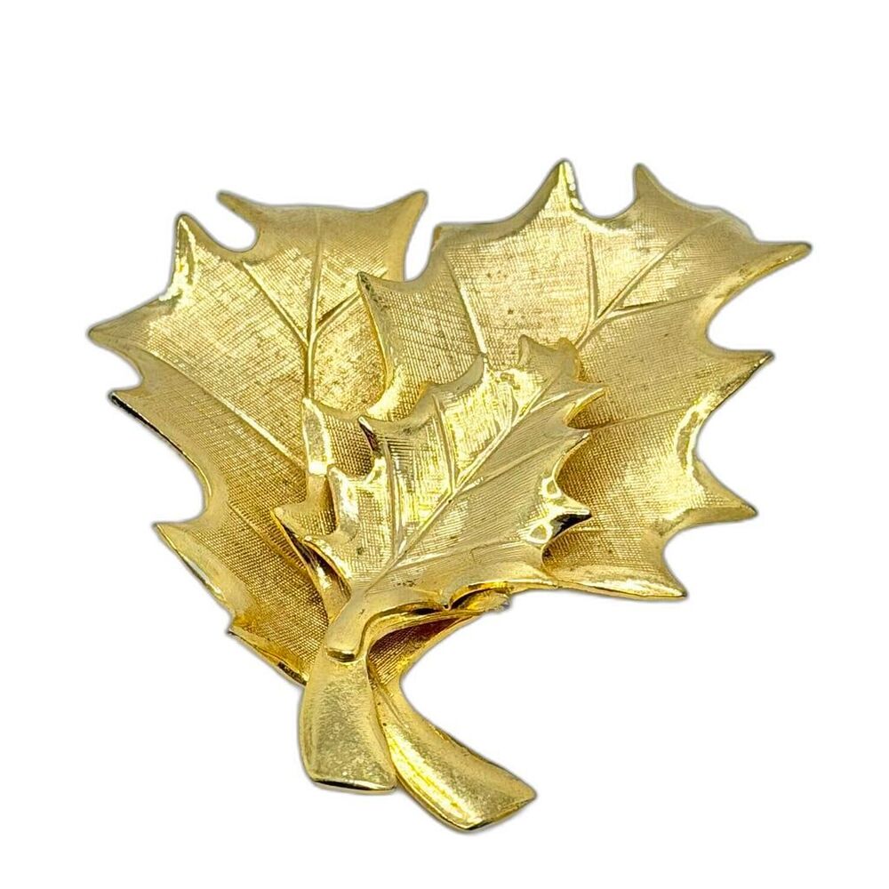 Vintage Triple Layered Leaf Brooch Pin Brushed Gold Tone Textured Fall